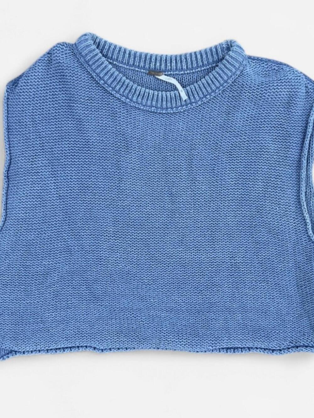 Free People Blue Cropped Knitted Sleeveless Sweater Vest
